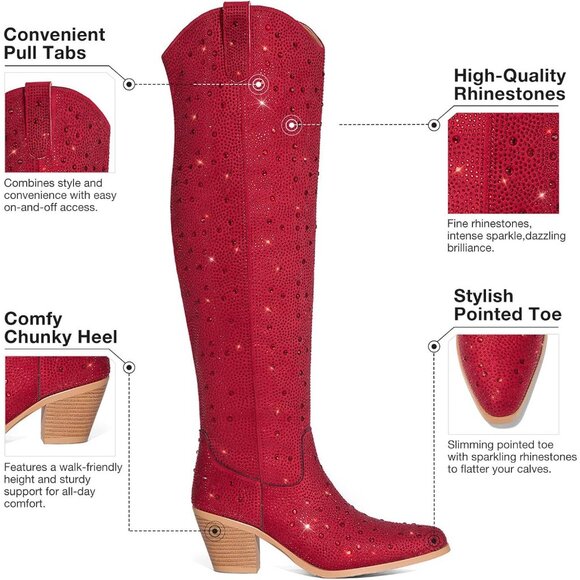 Women's Red Rhinestone Cowboy Boots Sparkly Over the Knee Pointed Toe Knee High - Picture 5 of 6